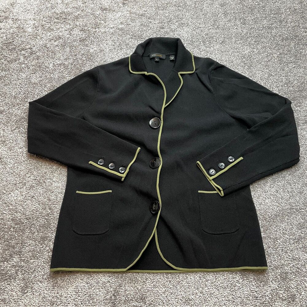 BCBGMAXAZRIA Blazer Jacket Womens Large Black Stretch Green Trim Rayon Button Up